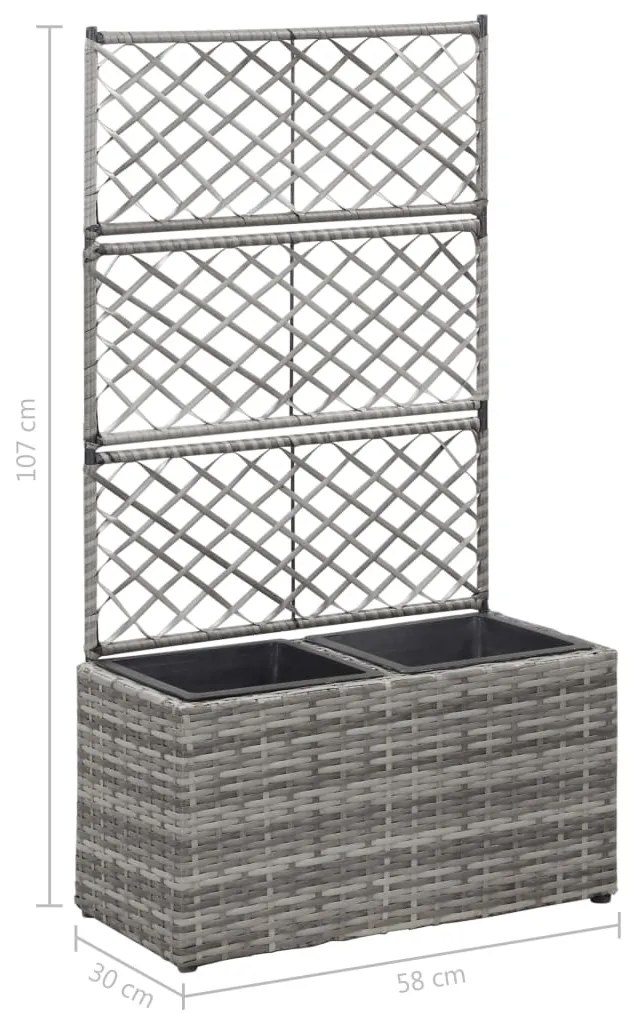 Floreira com treliça e 2 vasos 58x30x107 cm vime PE cinzento