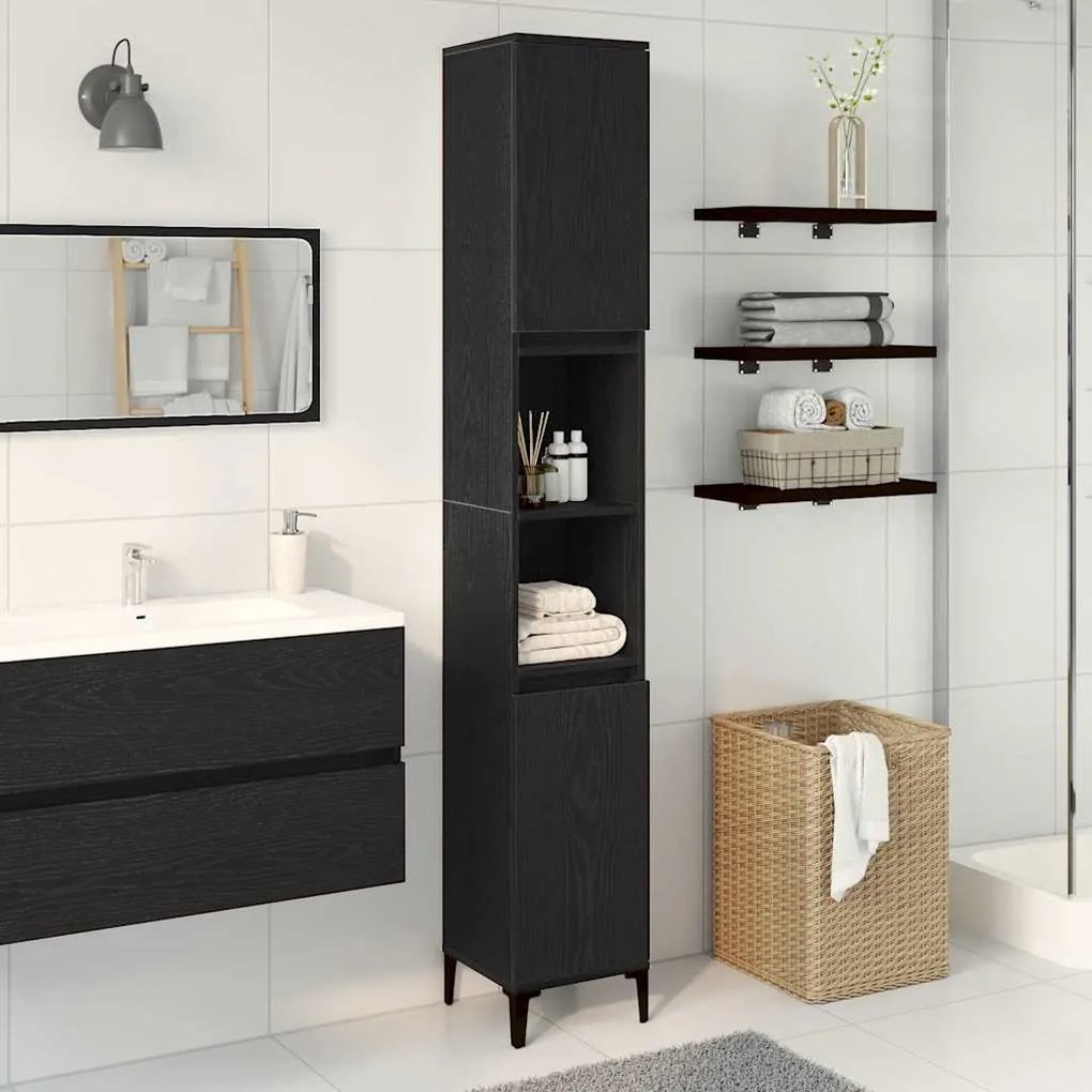 vidaXL Armário de Banheiro com porta Carvalho preto 30 x 30 x 190 cm