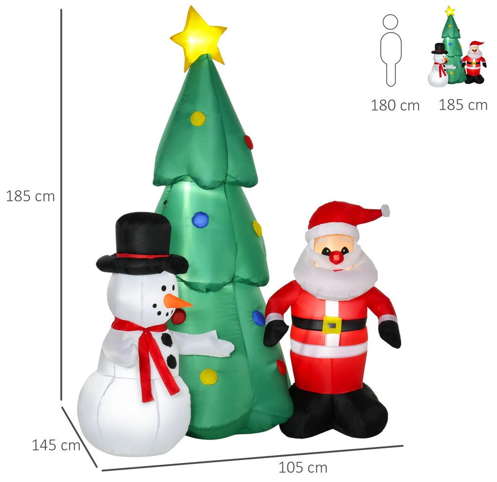 Árvore de Natal Inflável 185cm com Luzes LED Pai natal e Boneco de Neve Infláveis Decoração de Natal Iluminada Interior e Exterior 105x145x185cm Multicolor