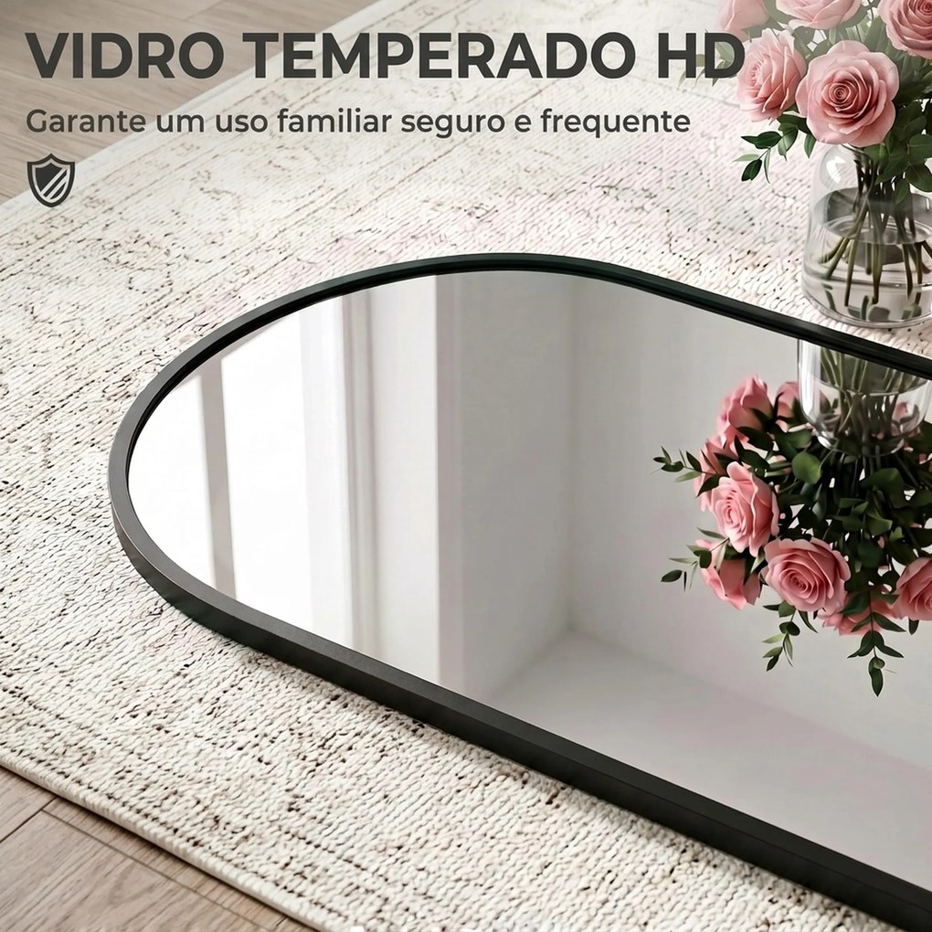 Espelho de Parede 40x110 cm com Design Arqueado e Ganchos Ajustáveis para Porta ou Parede Preto