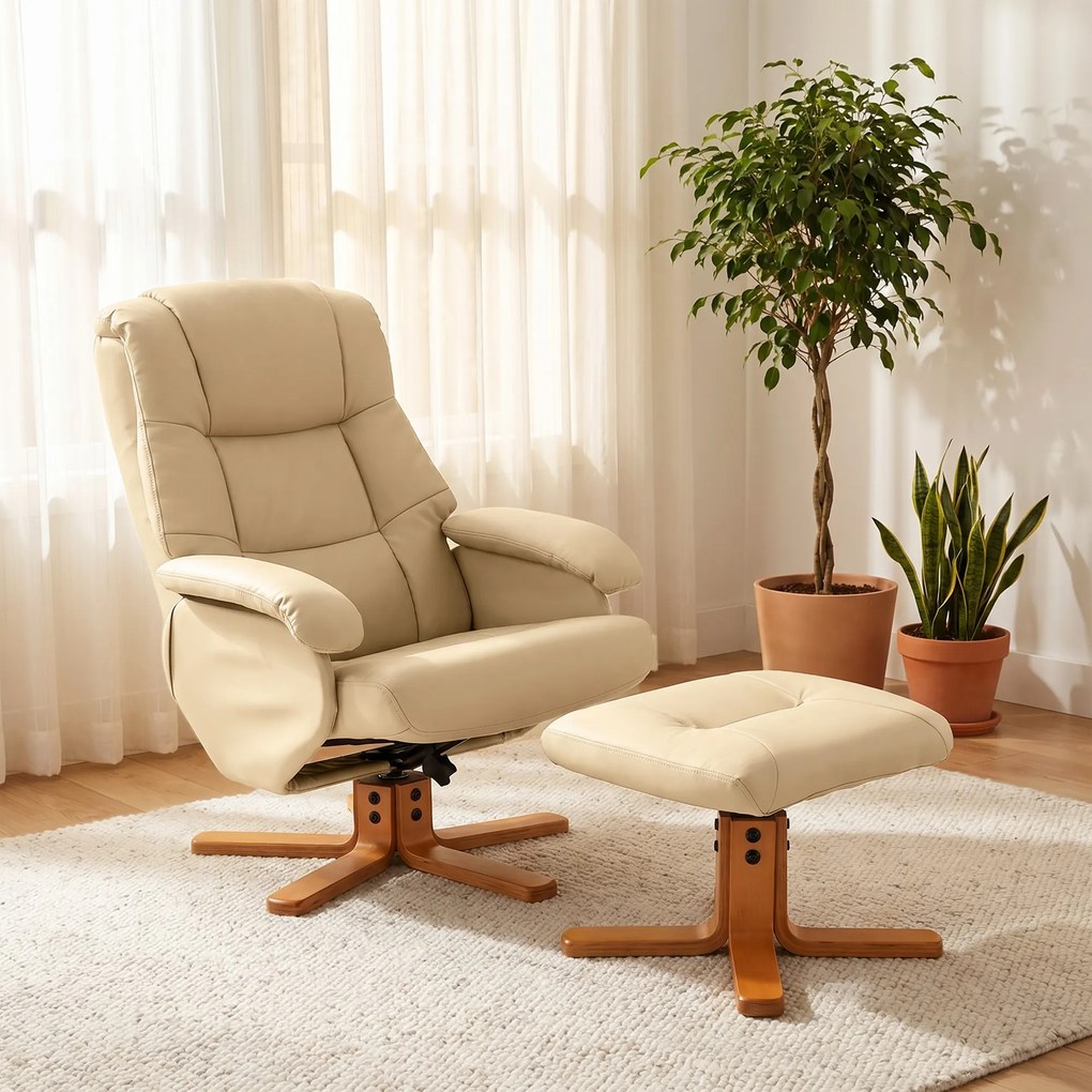 Poltrona de relaxamento com apoio para os pés, giratória a 360°, encosto reclinável, capacidade de 120 kg, bege