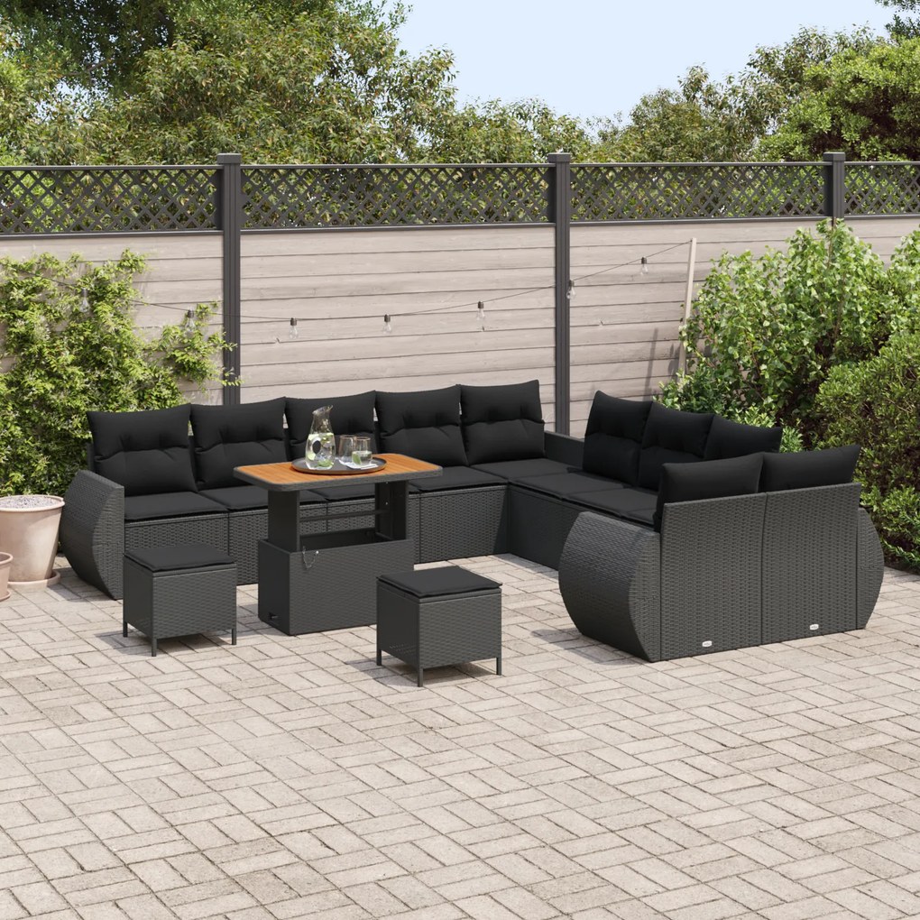 Conjunto de Sofá de Jardim com 13 Peças e Almofadas Preto Vime de Poli