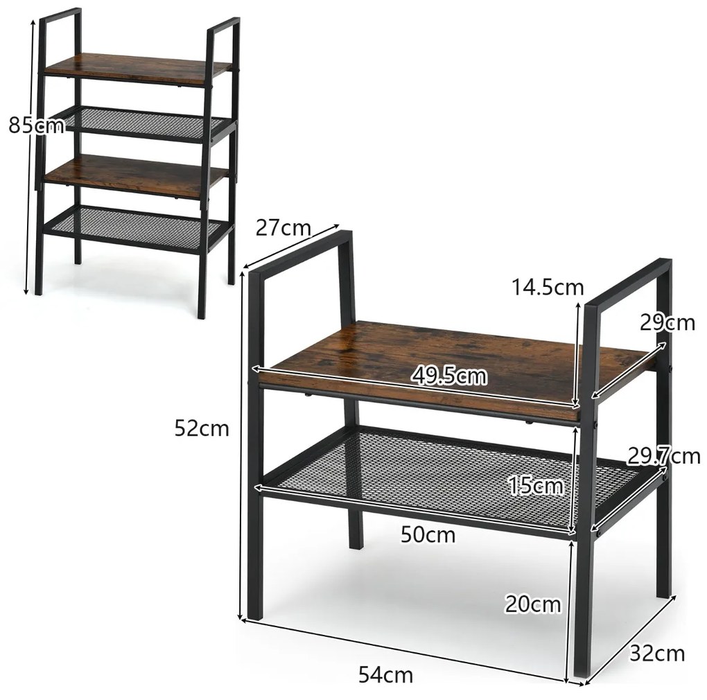 Conjunto de 2 Estantes Empilháveis de Madeira para Armazenamento de Calçado e Rede Metálica para Entrada Quarto 54 x 32 x 52 cm Castanho