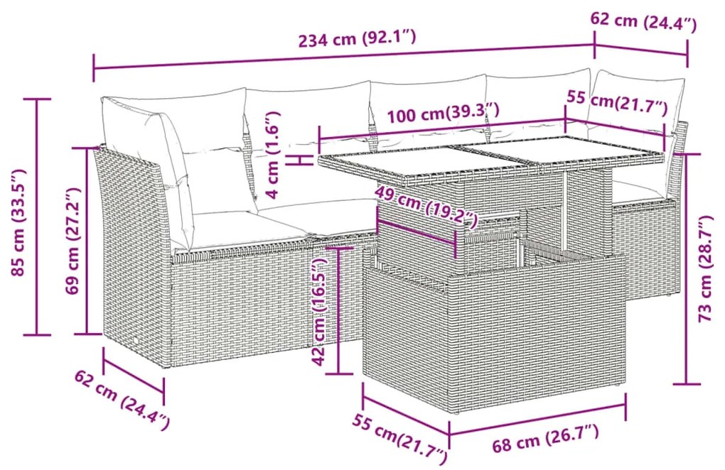 5 pcs conjunto sofás de jardim c/ almofadões vime PE cinzento