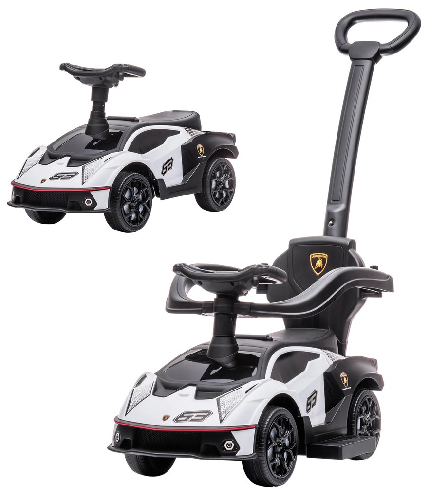 AIYAPLAY 2 em 1 Carro Andador para Crianças 12-36 Meses Lamborghini Essenza SCV2 Carro Andador 86,5x40x89,5cm Branco e Preto