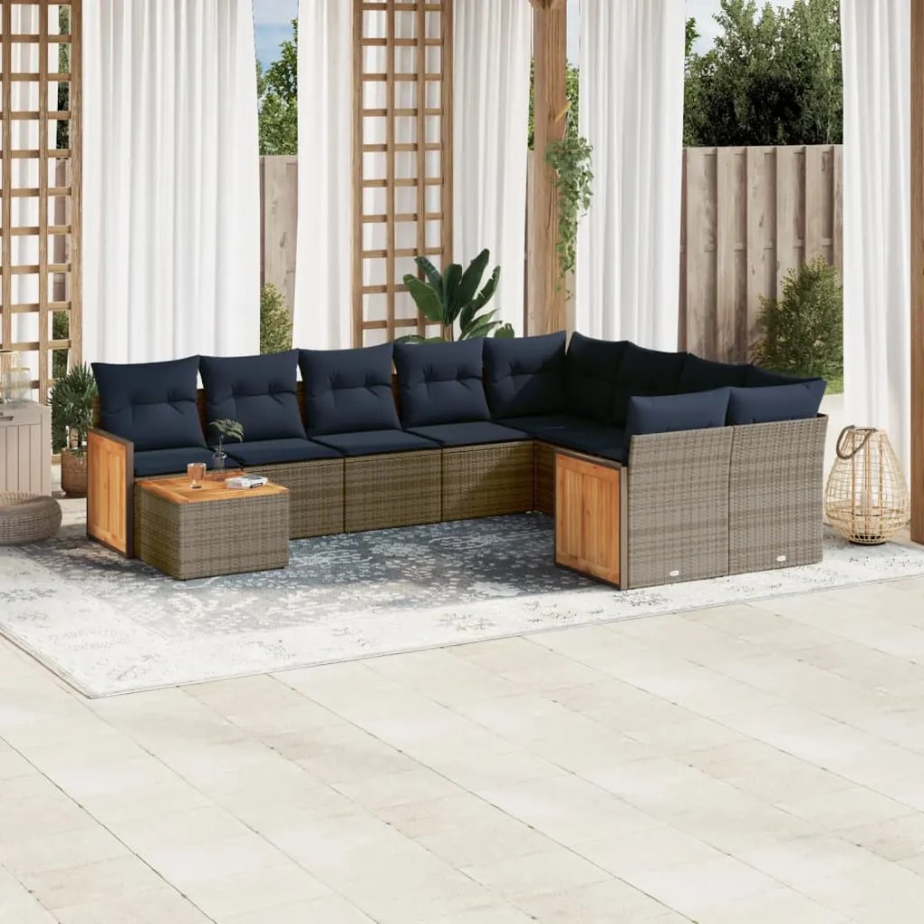 vidaXL 10 pcs conjunto sofás p/ jardim c/ almofadões vime PE cinzento