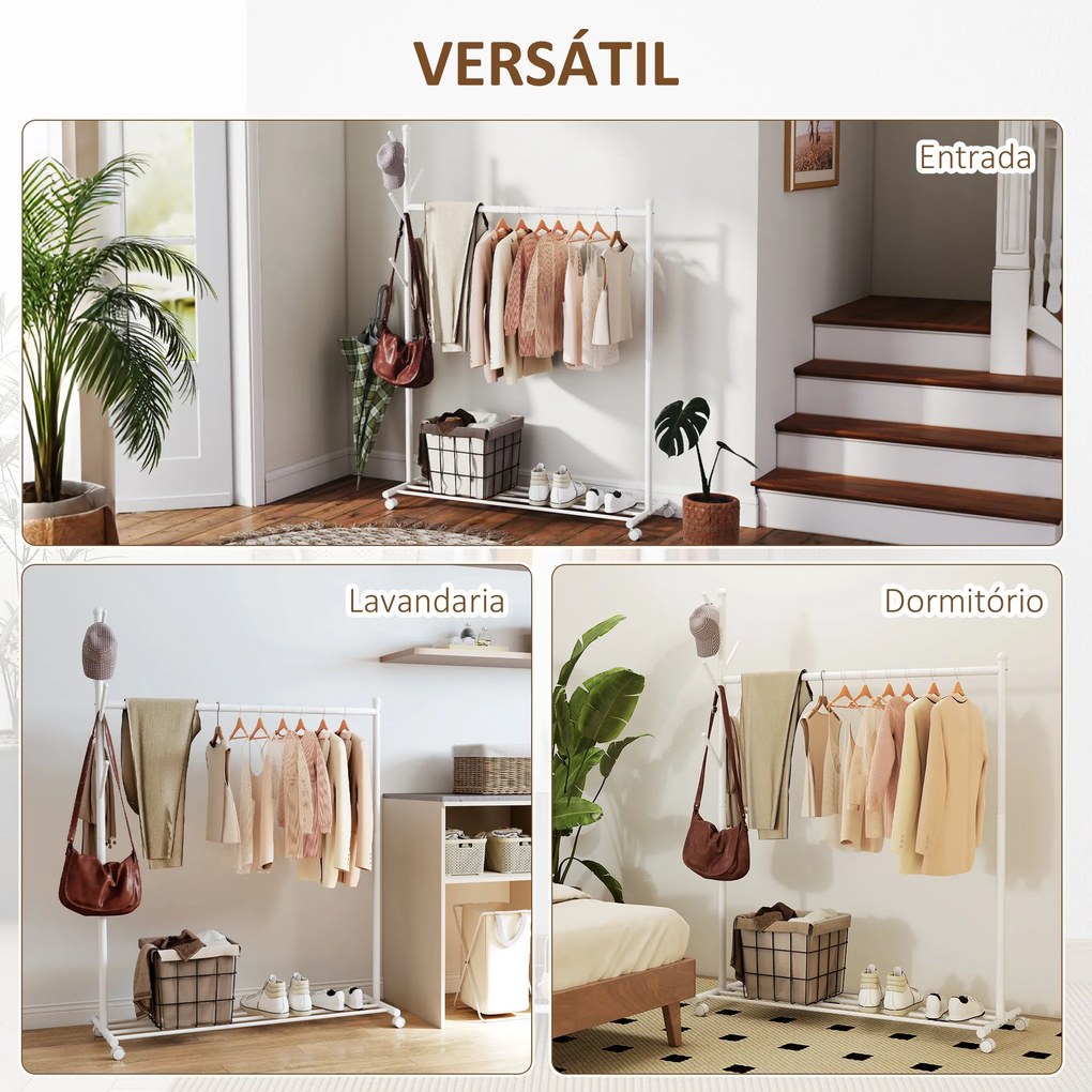 Guarda roupa com Rodas 5 Ganchos Barra para Pendurar e Prateleira Inferior 120x43x171 cm Branco