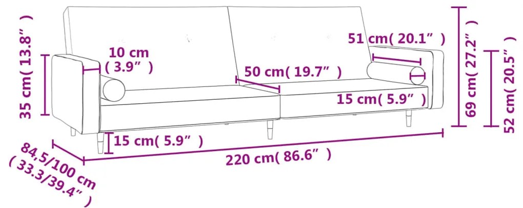 Sofá-cama 2 lugares com duas almofadas veludo cinzento-claro