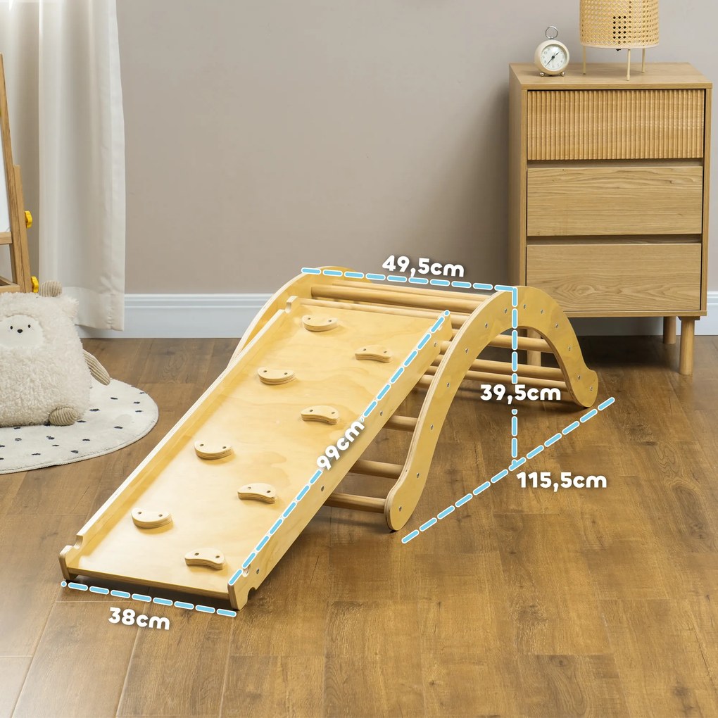 Arco de escalada infantil 4 em 1, cadeira de baloiço, rampa de escalada de dupla face e almofada, 168 x 49,5 x 39,5 cm, madeira natural