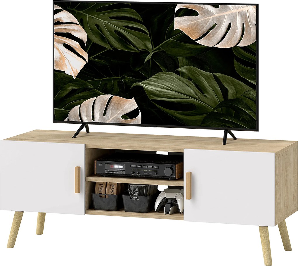 Móvel para televisão 110 x 36,2 x 42 cm para televisões até 50 polegadas, com prateleiras, 2 armários e passadores de cabos, em cor carvalho