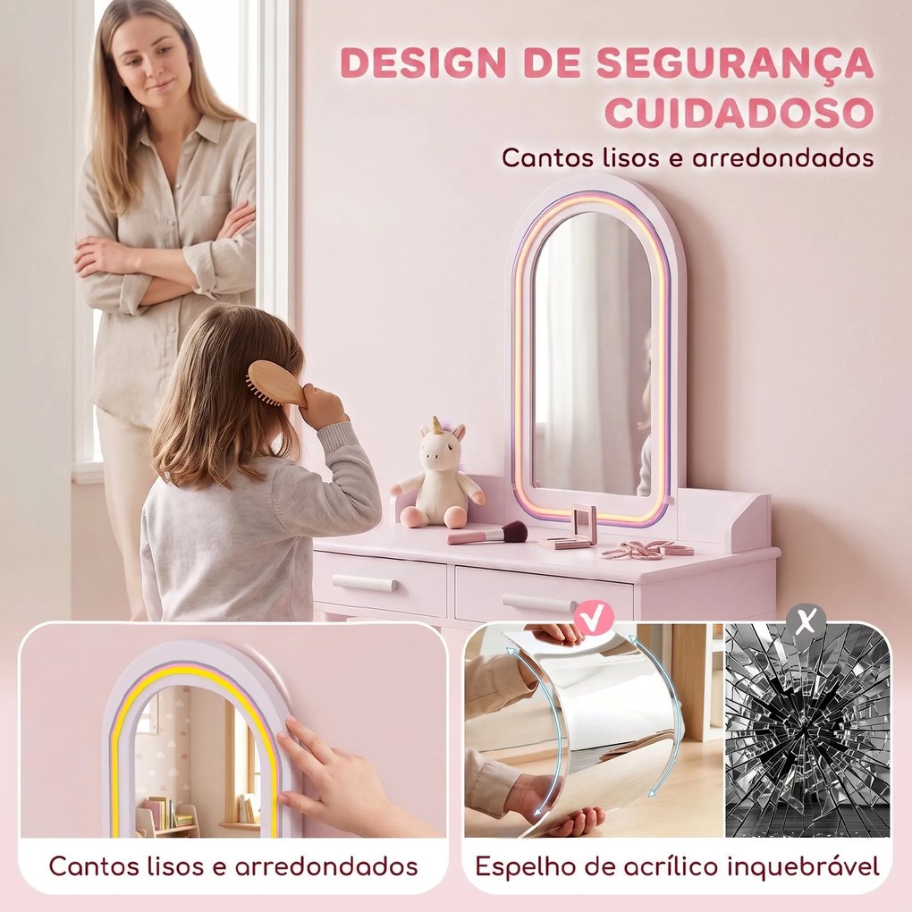 Toucador Infantil para Menina com Espelho LED de 3 Cores, Banco e 2 Gavetas, 3-8 Anos, Rosa