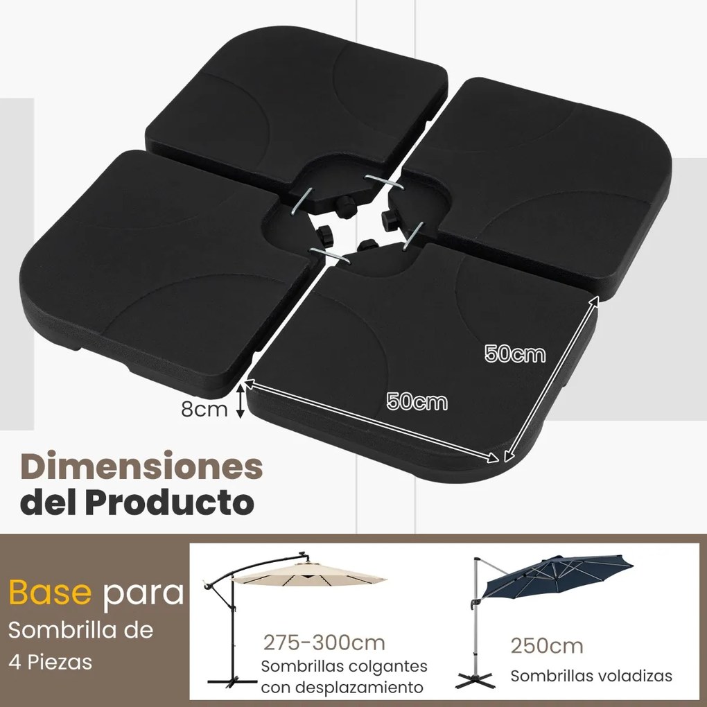 Base para guarda-sol, 4 peças, para encher com água ou areia, alças de transporte, 74 kg, quadrada, guarda-sol com saliência, para pátio, jardim, terr