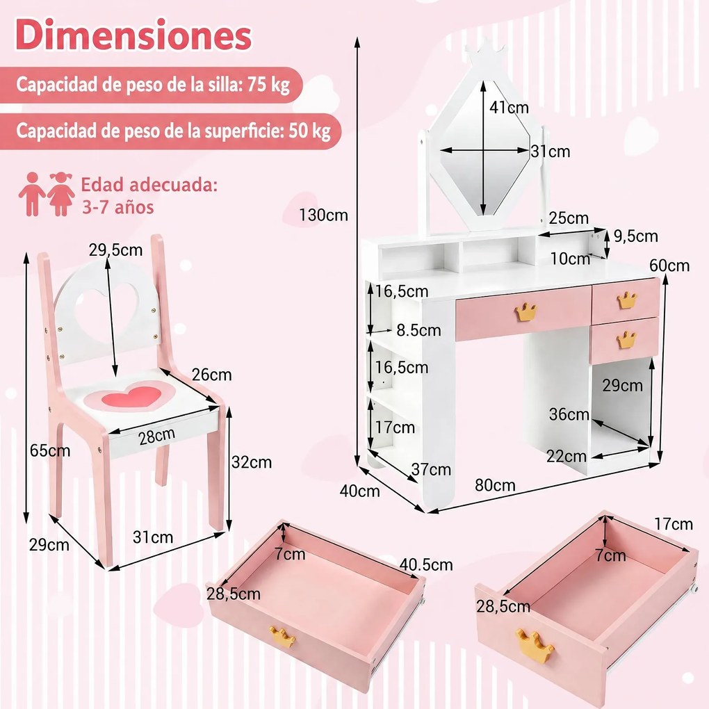 Conjunto de Toucador Infantil com Espelho e Cadeira, 80 x 40 x 130 cm, Espaço de Arrumação Ajustável, Branco