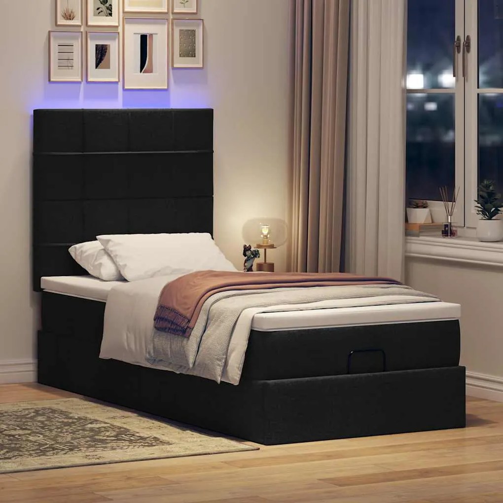 Estrutura de cama otomana com colchão preto tecido