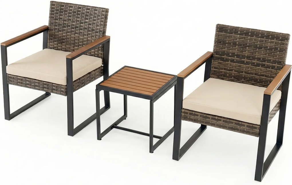 Conjunto de Mesa e 2 Cadeiras de Jardim, 40 x 40 x 40 cm, Design Ergonómico, Bege / Castanho / Preto