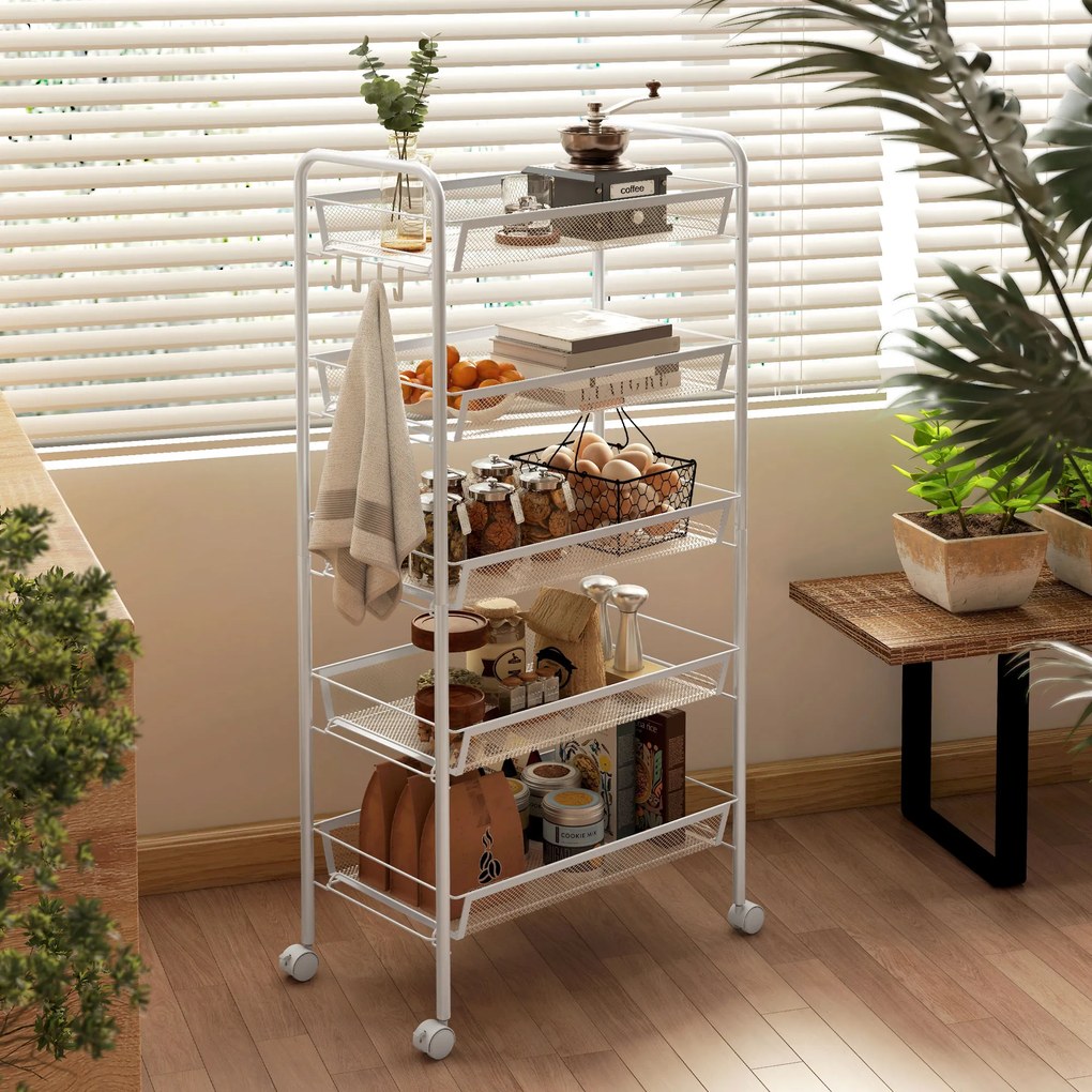 Carrinho cozinha Auxiliar com Rodas de 5 Níveis com Cestos de Malha Removíveis e Estrutura de Aço 45x26,5x106 cm Branco