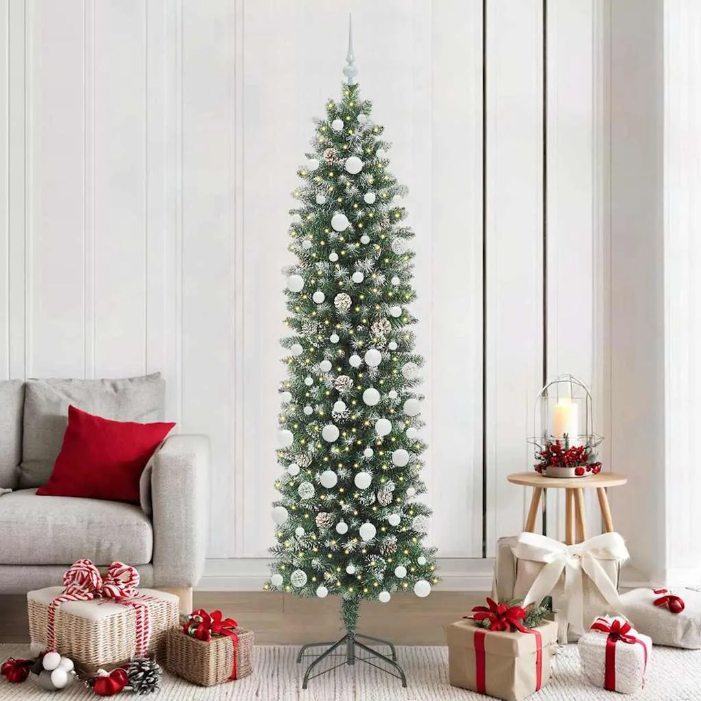vidaXL Árvore Slim de Natal Artificial Verde e Branco 210 cm