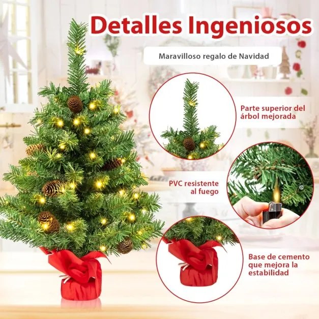 Árvore de Natal 64 cm Pequena Pré-iluminada para Mesa com 50 Luzes LED 8 Modos de Luz Base de Cimento Verde