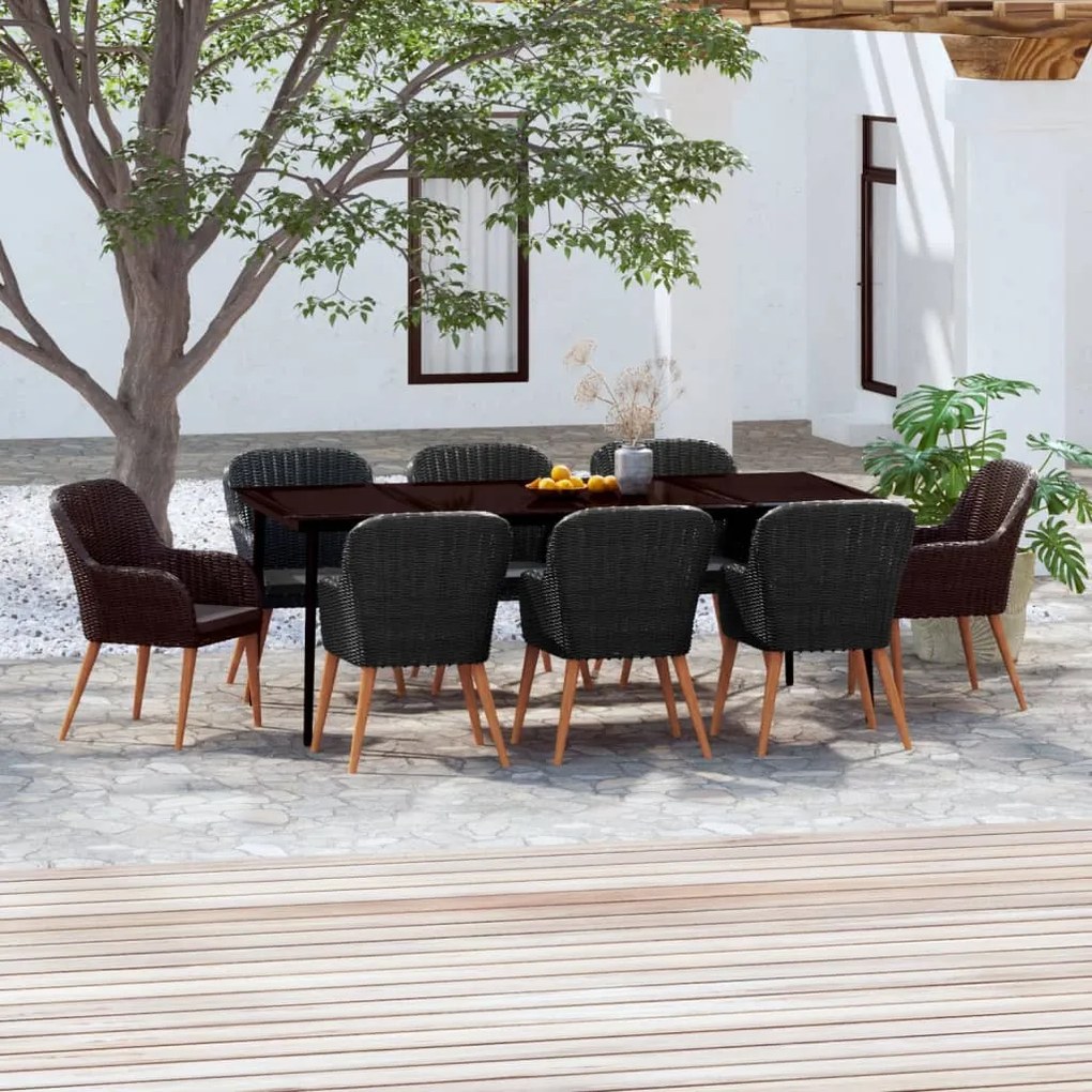 9 pcs conjunto de jantar para jardim com almofadões preto