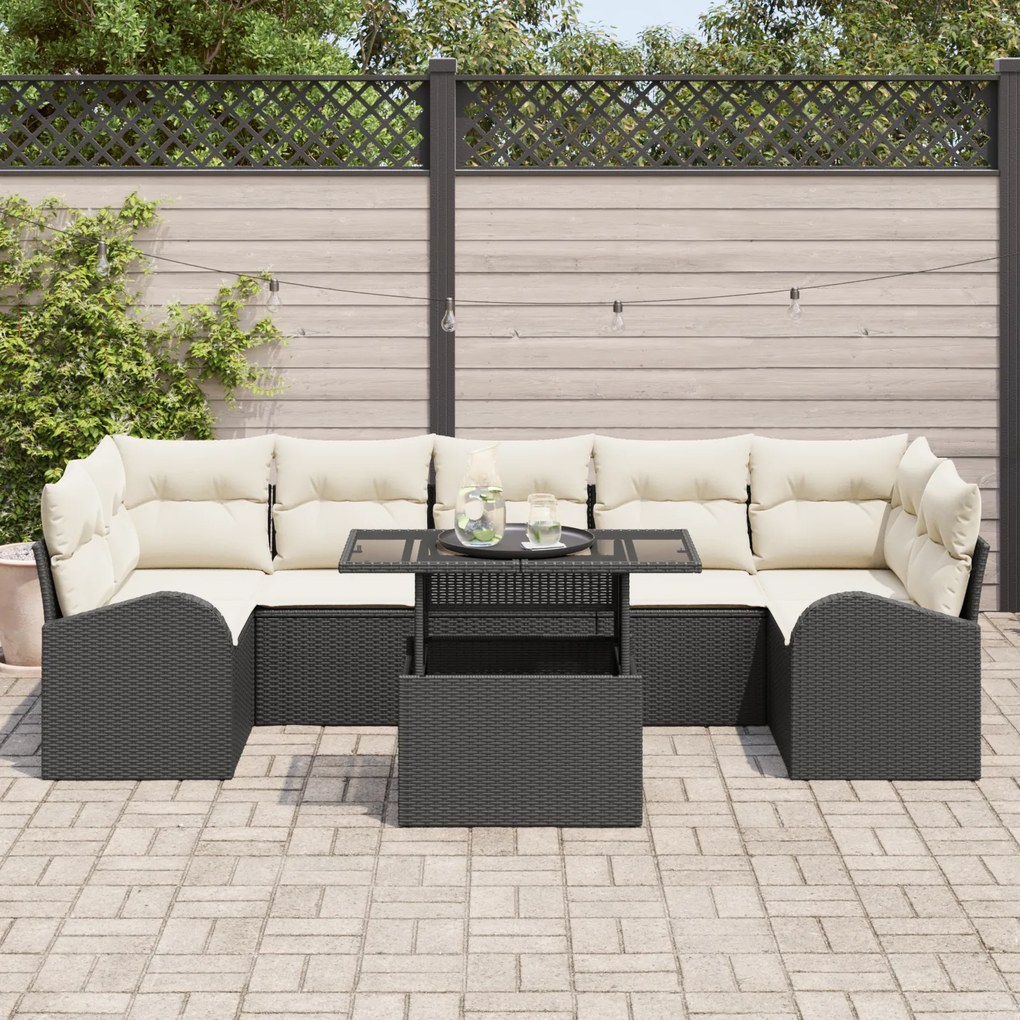 Conjunto de Sofá de Jardim vidaXL 8 Peças com Almofadas Pretas em Ratt