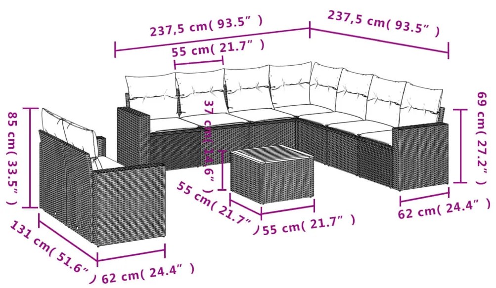 10 pcs conjunto sofás de jardim c/ almofadões vime PE preto