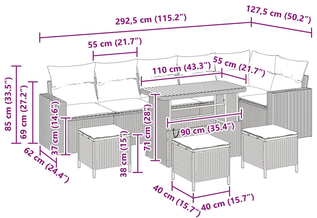 Conjunto de Sofás de Jardim vidaXL com Almofadas Cinza Rattan Acácia d