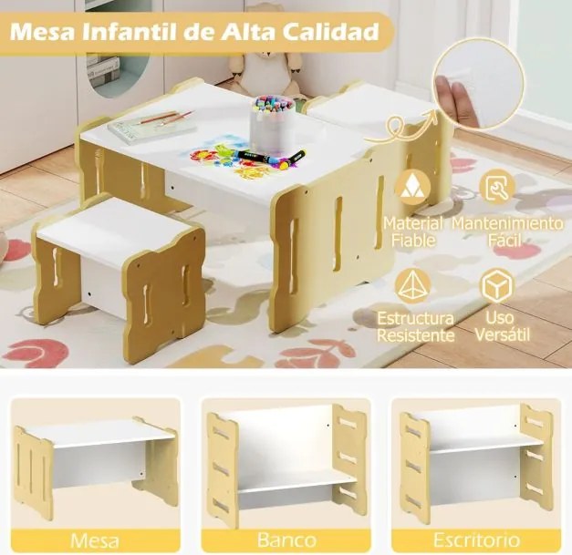 Conjunto de mesa e cadeira para crianças Conjunto de 3 peças para crianças pequenas com 2 bancos e mesa de atividades Natural