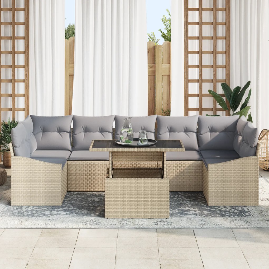Conjunto de Sofá de Jardim 8 Peças com Almofadas Bege em Rattan