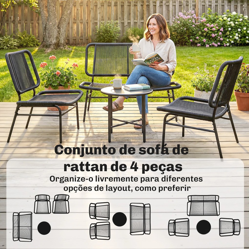 Conjunto Jardim de Vime com 4 peças Inclui Sofá de 2 Lugares 2 Poltronas e Mesa de Centro com Tampo Metálico Preto