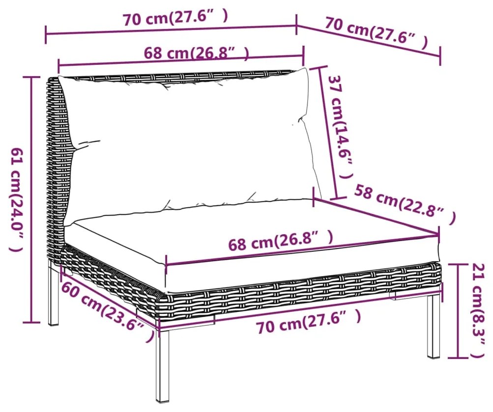 4 pcs conj. lounge jardim c/ almofadões vime PE cinza-escuro