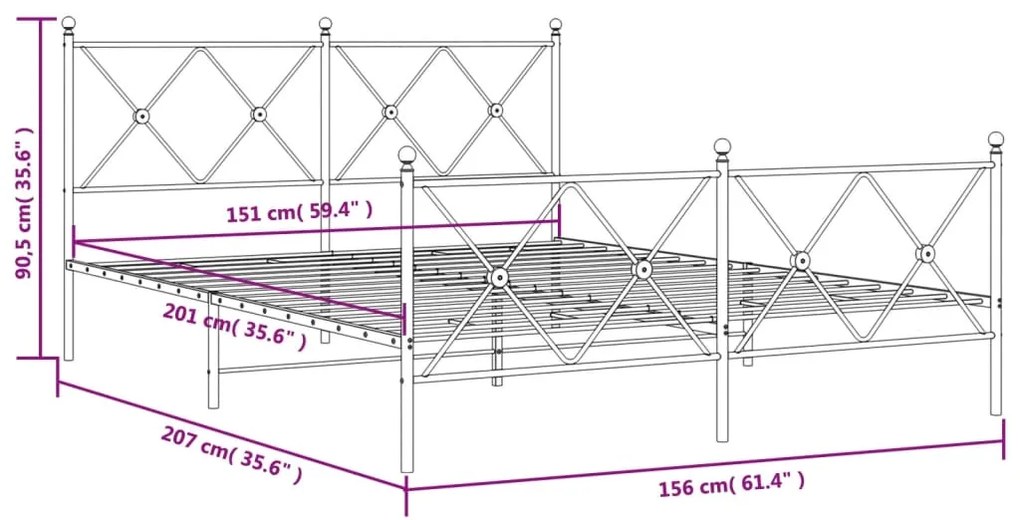 Estrutura de cama com cabeceira e pés 150x200 cm metal preto