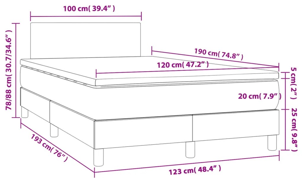 Cama box spring c/ colchão/LED 120x190cm tecido castanho-escuro