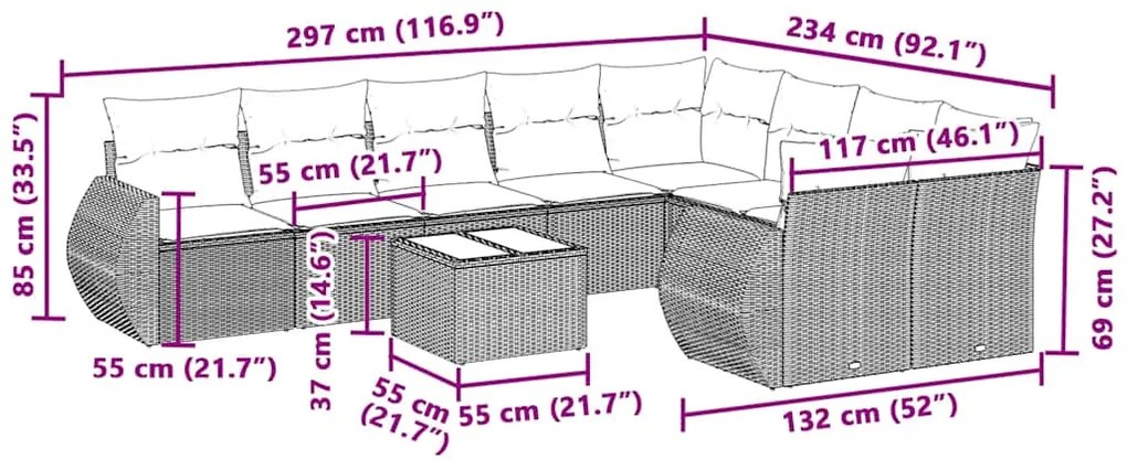 10 pcs conj. sofás jardim com almofadões vime PE cinzento-claro
