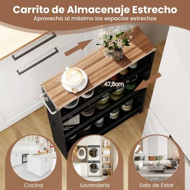 Carrinho cozinha estreito 47,5 x 13 x 80,5 cm com estação de carregamento de 4 níveis com rodas bloqueáveis preto + cor nogueira