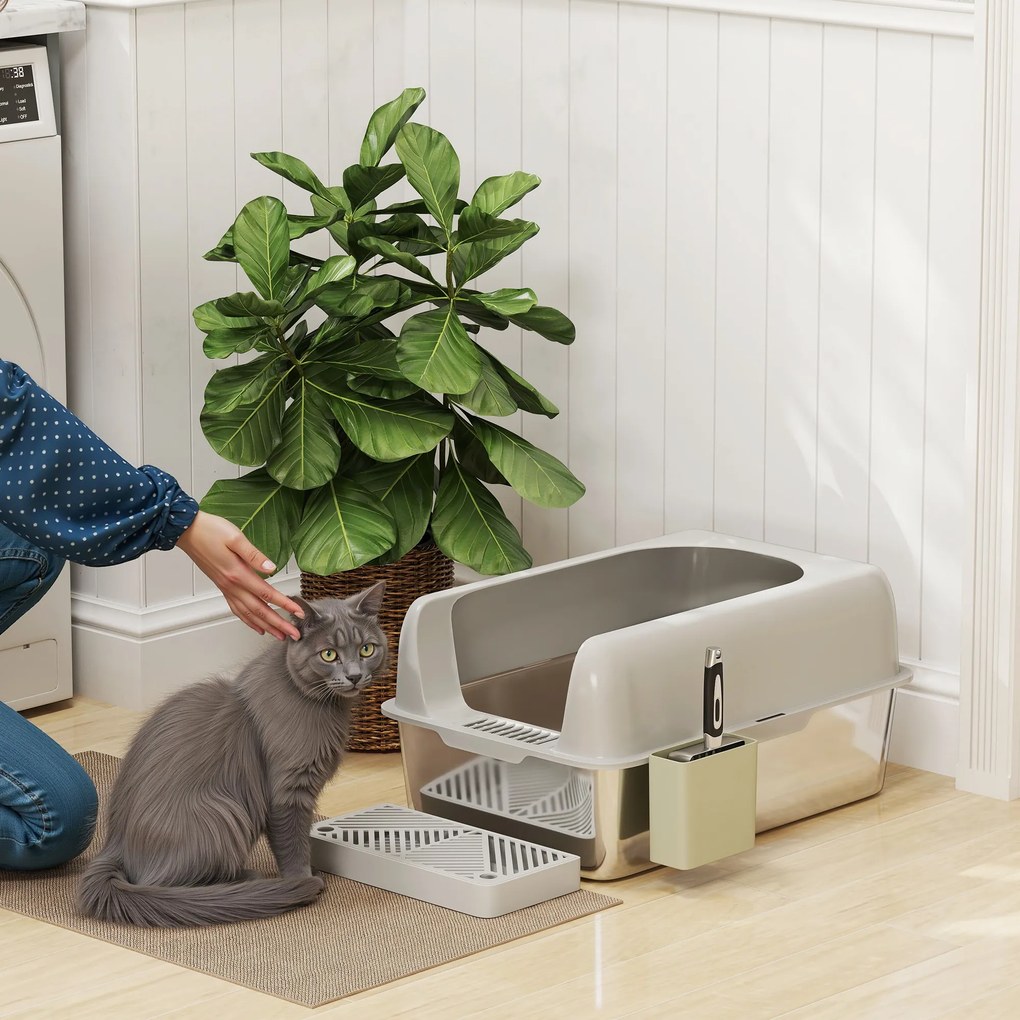 Caixa de areia para gatos em aço inoxidável 60,2 x 40,6 x 29 cm, fácil de limpar, com bordas altas para evitar fugas de urina, com pá incluída, cinzen