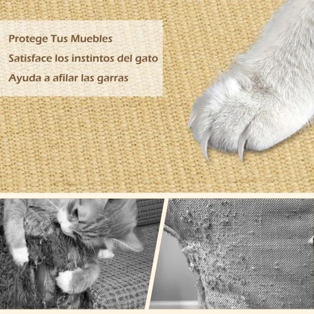 Conjunto de 2 tapetes arranhadores para gatos em sisal natural para gatos de interior, adesivos com ganchos e laços, 80 x 50 cm, natural