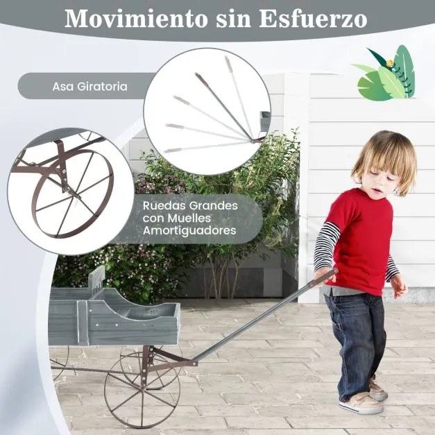 Carrinho floreira de madeira decorativo com rodas e 2 secções para plantas Jardim Pátio 62 x 34 x 60 cm Cinzento