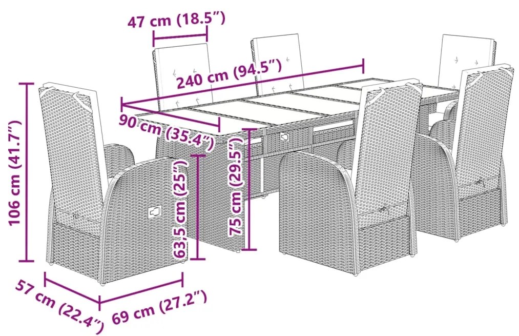 7 pcs conjunto de jantar p/ jardim c/ almofadões vime PE cinza