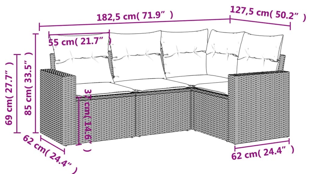4 pcs conjunto sofás de jardim c/ almofadões vime PE cinzento