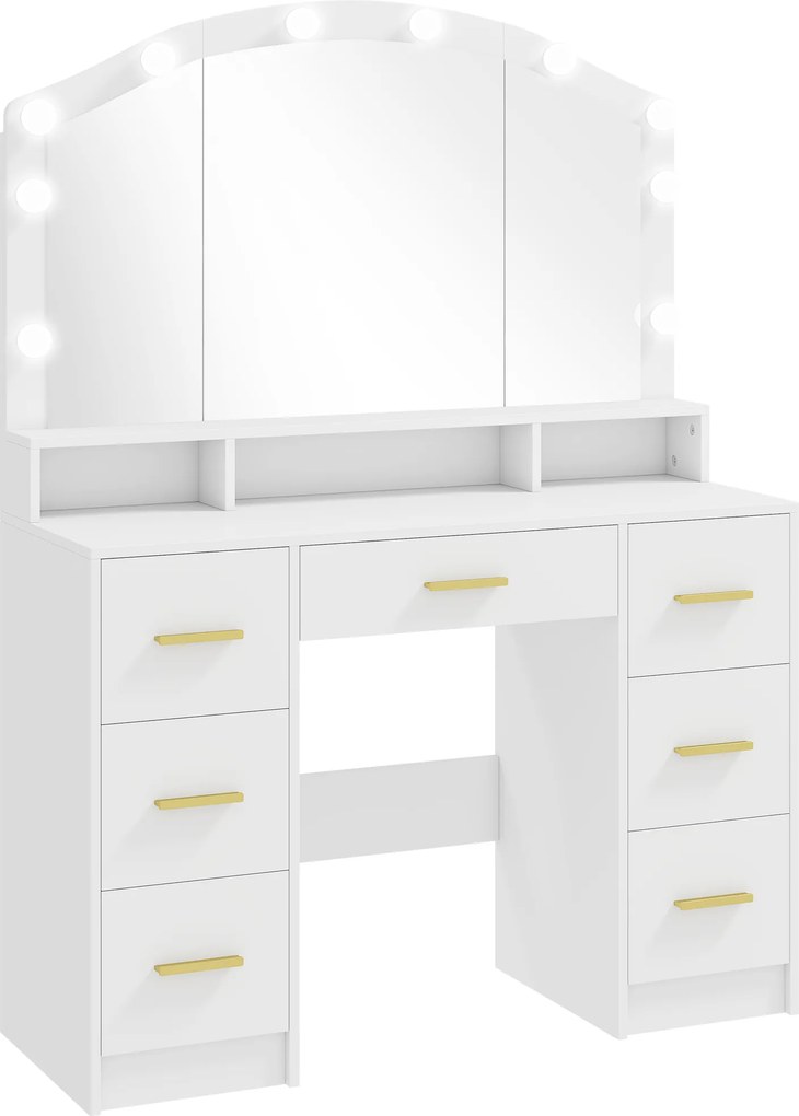 HOMCOM Tocador com 10 lâmpadas LED estilo Hollywood, Espelho, 7 Gavetas, 3 Compartimentos, MDF, Branco | Aosom Portugal