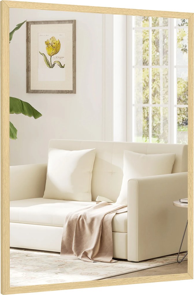 Espelho de parede retangular de 80 x 60 cm, com moldura em madeira natural, ideal para a casa de banho, sala de estar ou quarto