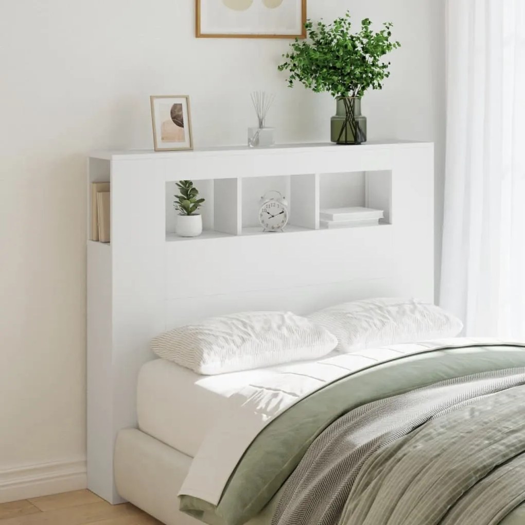 Cabeceira cama c/ LEDs 120x18,5x103,5 cm deriv. madeira branco