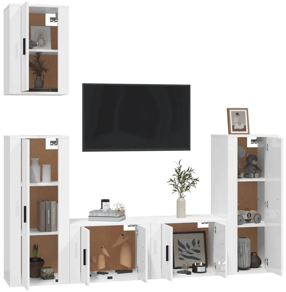 5 pcs conjunto móveis de TV madeira processada branco brilhante