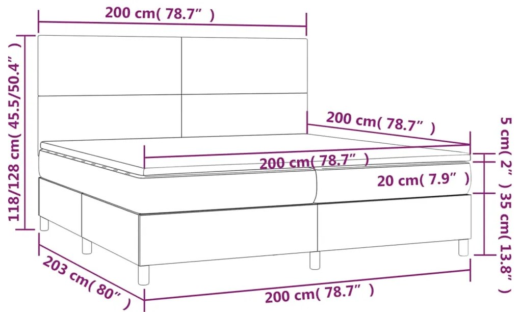 Cama box spring c/ colchão e LED 200x200 cm tecido cor creme