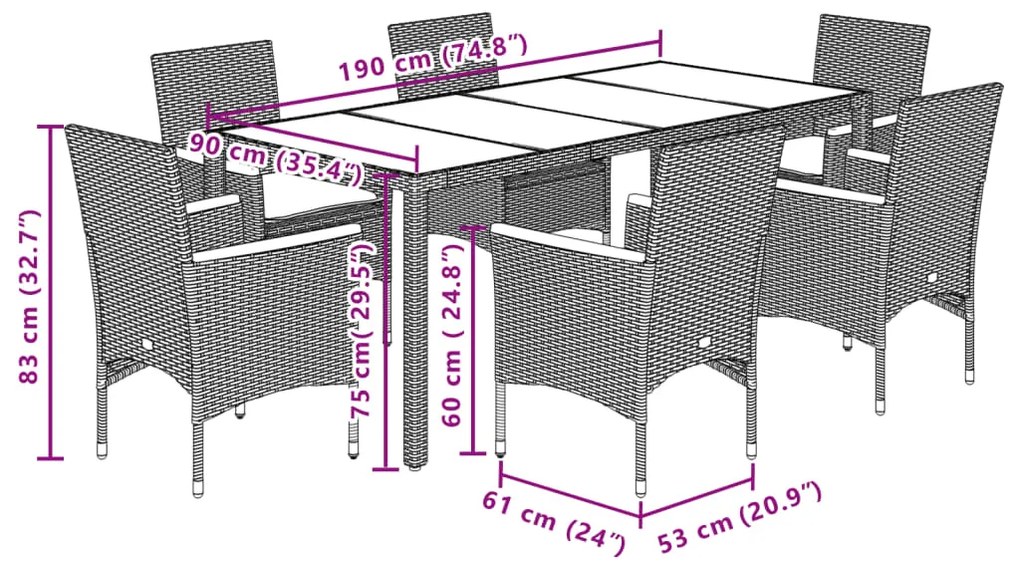 7 pcs conjunto jantar jardim c/ almofadões vime PE/acácia bege