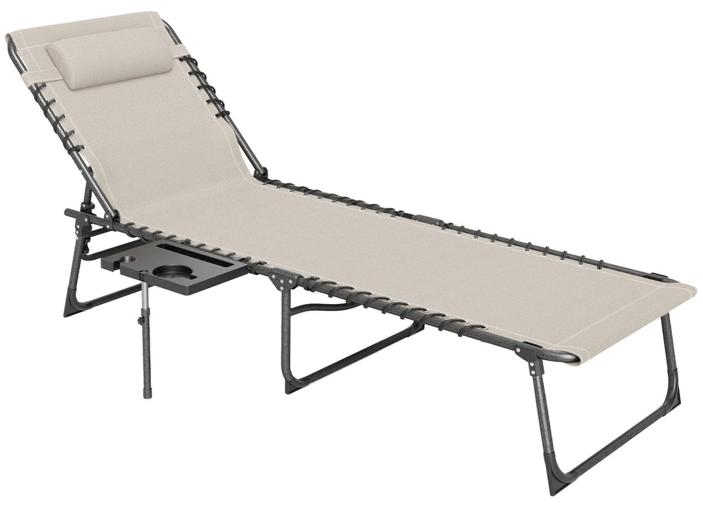 Outsunny Espreguiçadeira Dobrável Espreguiçadeira Jardim com Encosto Ajustável Apoio de Cabeça Bolsa Lateral Bandeja 190x60x31 cm Creme