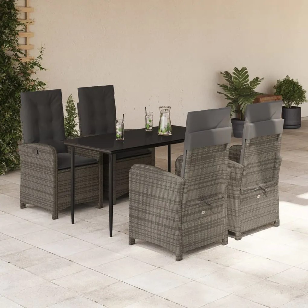 5 pcs conjunto de jantar p/ jardim c/ almofadões vime PE cinza
