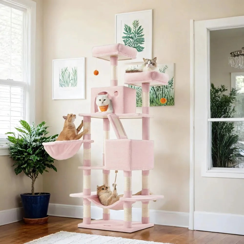 Arranhador para gatos grande 55 x 45 x 168 cm com 13 colunas de arranhar, vários andares, rosa pastel