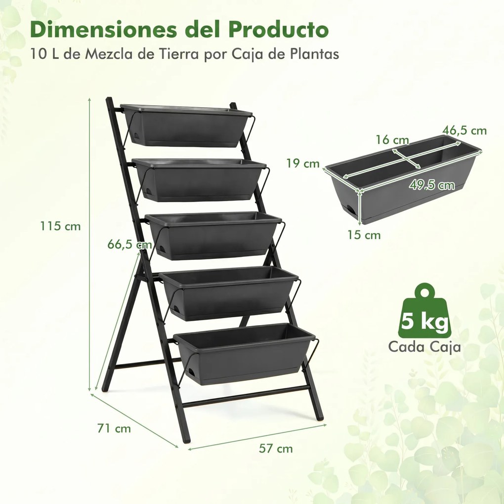Floreira vertical de 5 níveis 57 x 71 x 115 cm com estrutura metálica, tabuleiros removíveis e orifícios de drenagem, para interior e exterior, Preta