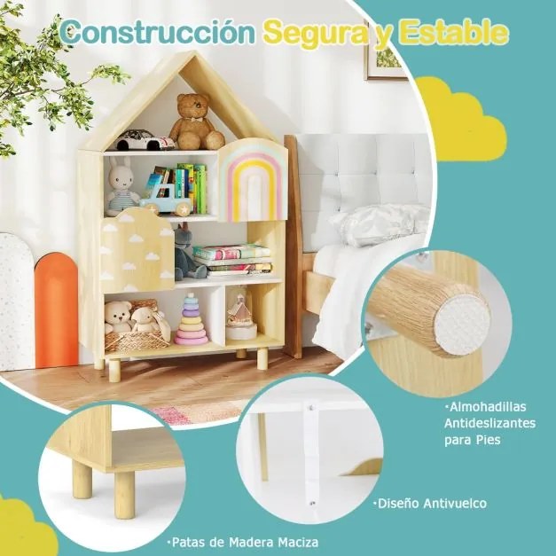 Estante infantil em forma de casa com compartimentos abertos 60 x 30 x 101 cm e pés em madeira de pinho Natural